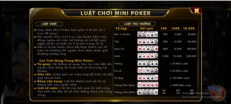 luật chơi mini poker hit club