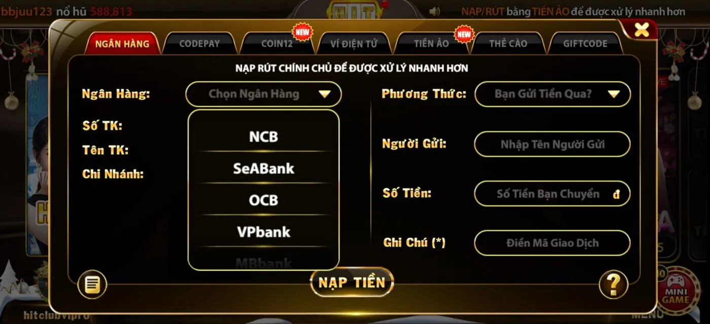 Nạp tiền Hitclub qua ngân hàng