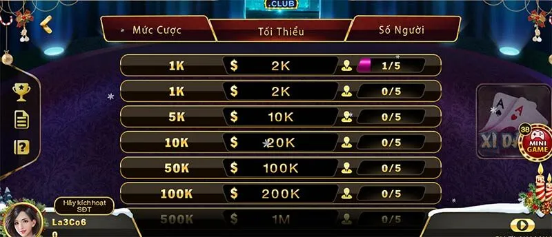 Xì dách Hit Club có nhiều bàn cược với đa dạng mức vào tiền